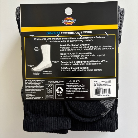 Dickies Men's Dri-Tech Sweat Fighting Stay Dry Crew Socks, Shoe Sz 5-9, 6 Pair - Picture 3 of 5